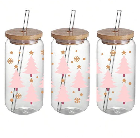 Pink Christmas Tree Glass Cup