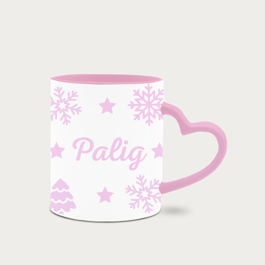 Heart handle pink Christmas mug